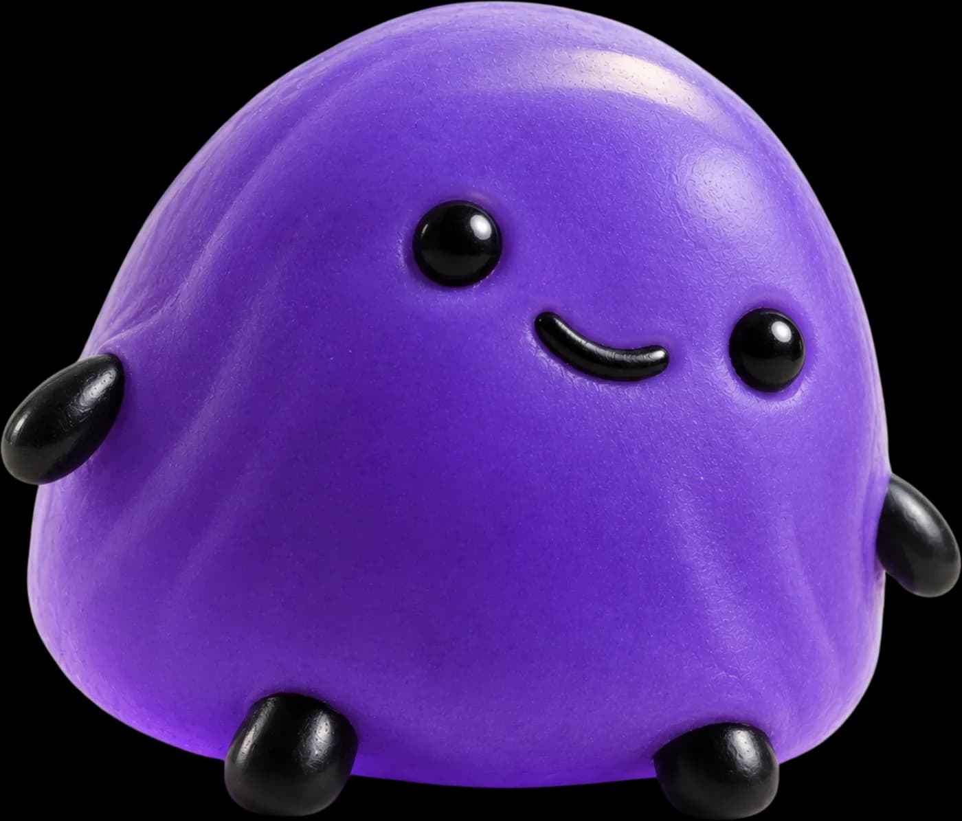LUK, a violet jelly with bead eyes, standing and smiling
